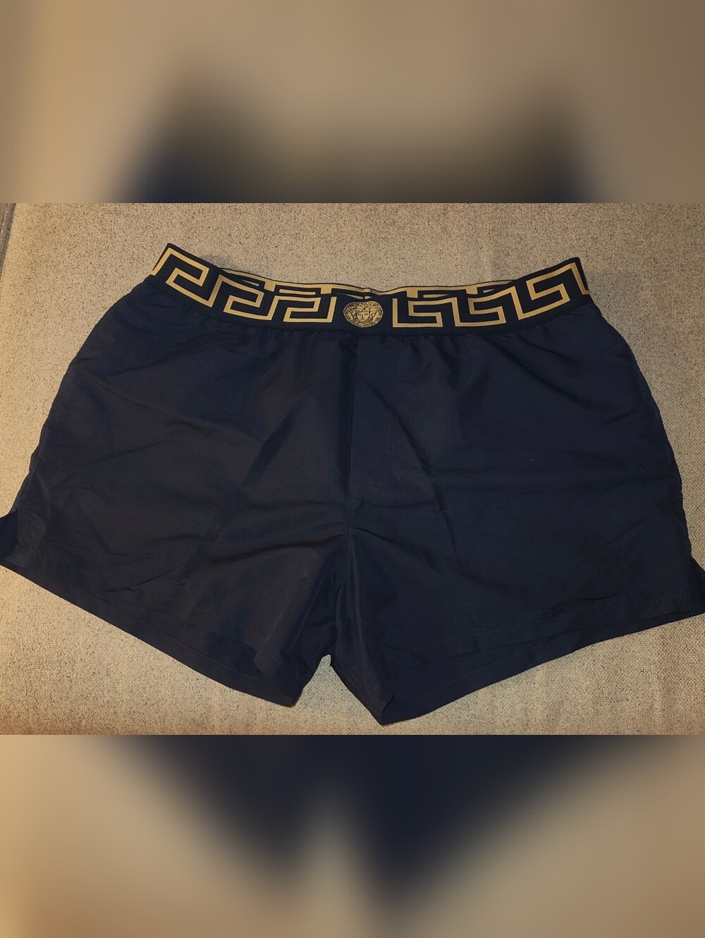 Versace (Authentic) Navy Mens Swim Trunks with Gold Medusa Waistband